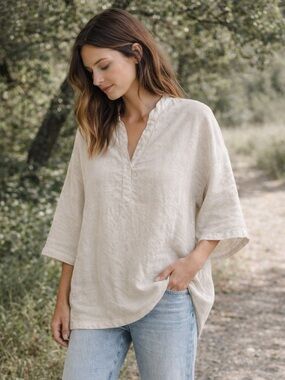 Esby Bryce Linen Top Cream White Stripe Oversized Relaxed Tunic XS/S